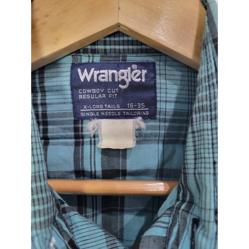 Wrangler Cowboy Cut Western‎ Shirt Mens 16-35 Turquoise Black Plaid Pearl Snap - Picture 3 of 7